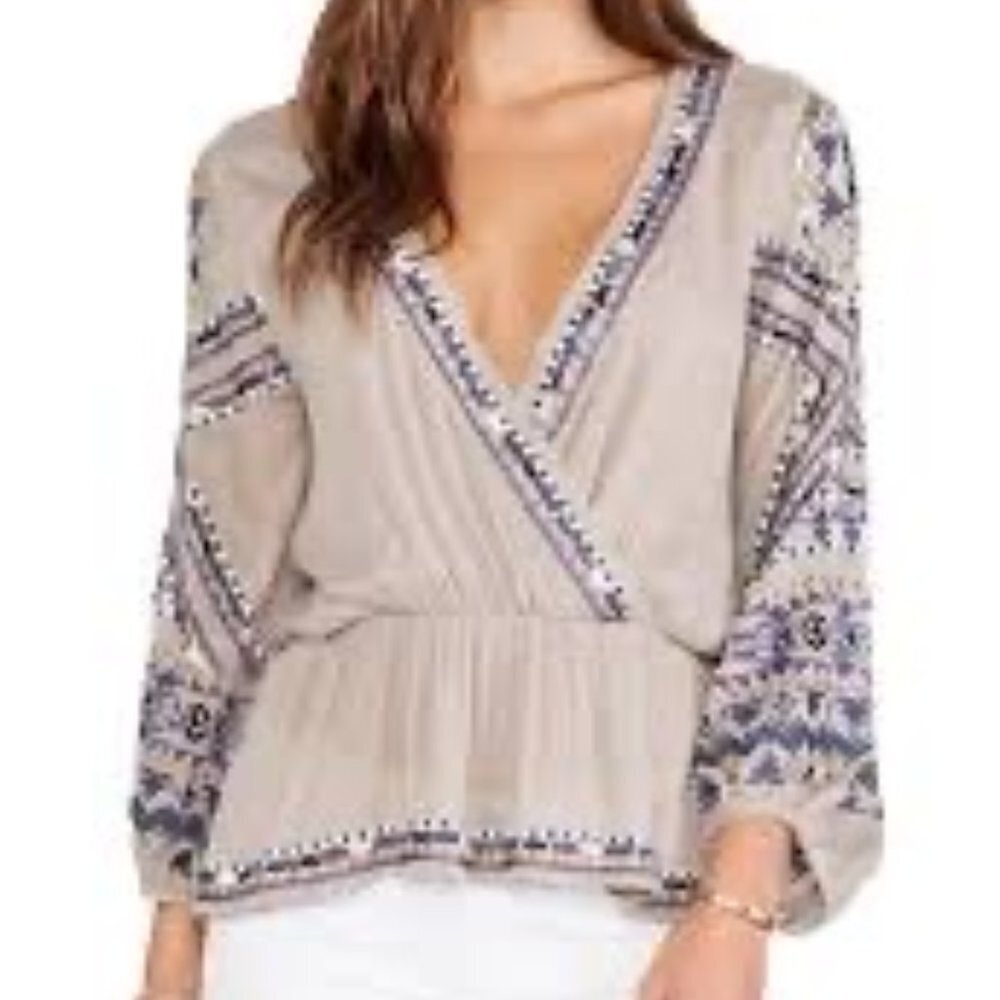 Free People Women's Tan Blue Stitch Up Your Heart Wrap Long Sleeve Blouse Medium